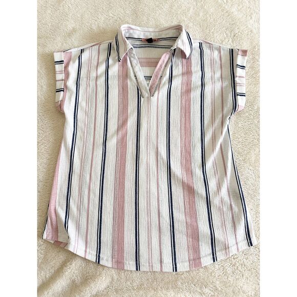 50th Street Shirt Women's Size SP Navy Pink Striped Short Sleeve V-Neck - Picture 10 of 11